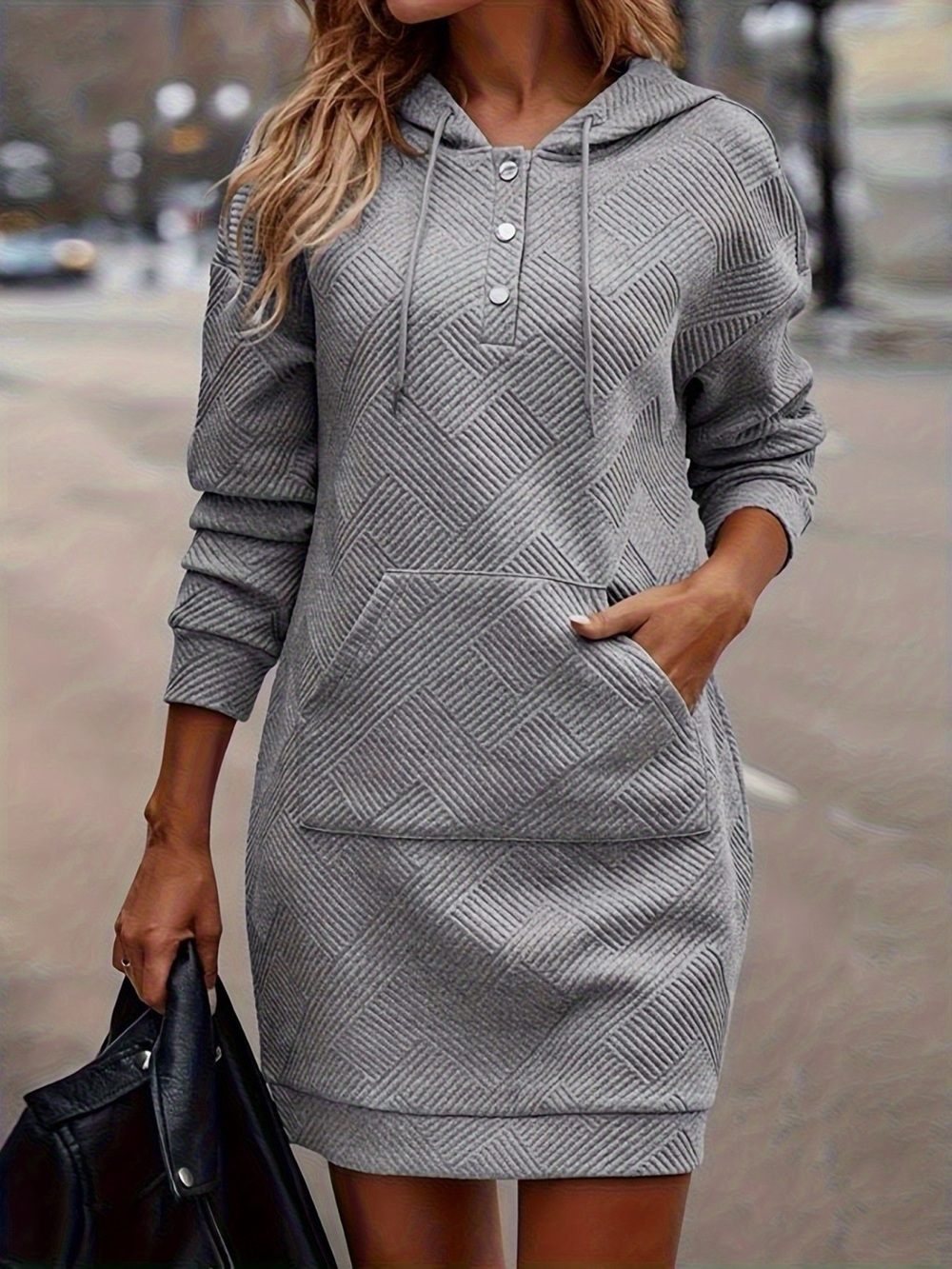 Casual Textured Hooded Sweatshirt Dress